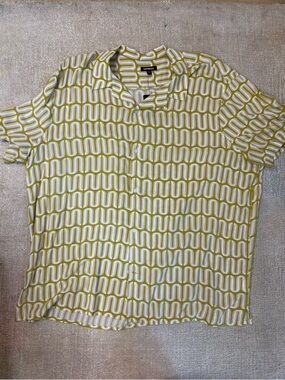 Express Olive Green and White Geometric Short Sleeve Shirt
